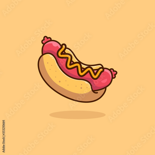 Isolated hot dog on the background. Beautiful vector flat illustration with stroke. Suitable for web page, banner, flyer, sticker, card. Appetizing, beautiful, realistic food.