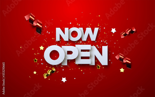 Now Open white sign on red background with glittering confetti and streamers. Vector 3d illustration. White paper letters label. Open business concept. Access tag. Store badge