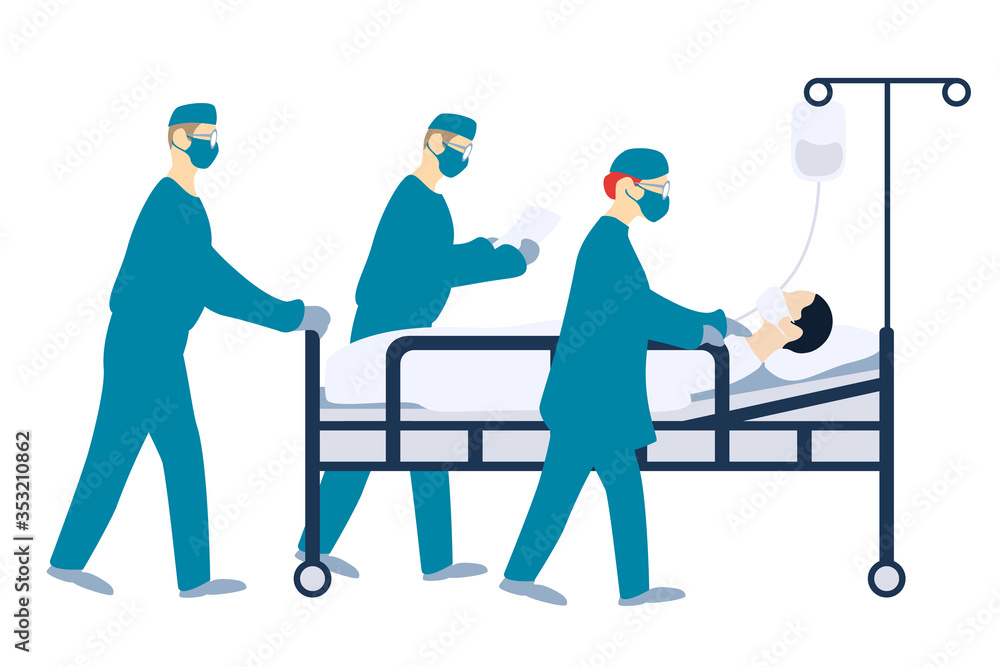 Coronavirus patient in hospital with medical workers in protective clothing. Vector illustration. Concept of novel coronavirus (2019-nCoV), coronavirus quarantine, patient treatment. Coronavirus patient in hospital with medical workers in protective clothing. Vector illustration. Concept of novel coronavirus (2019-nCoV), coronavirus quarantine, patient treatment.