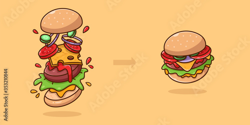 Stages of cooking a burger on an isolated background. Beautiful cartoon flat illustration. Suitable for Web Landing Page, Banner, Flyer, Sticker, Card. The ingredients turn into a beautiful burger.
