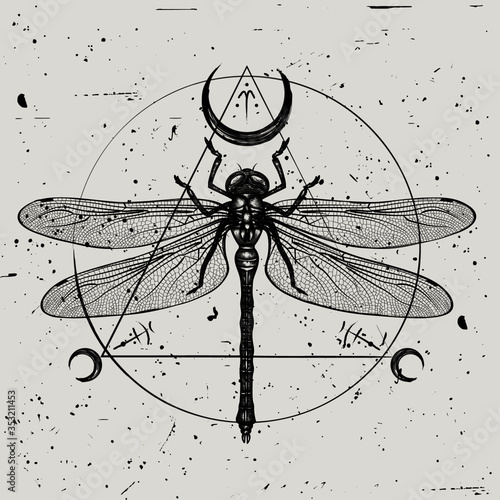 Vector illustration of a hand-drawn dragonfly with sacred geometric symbols on a vintage background. Sketch for tattoo