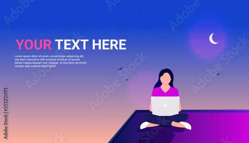 Woman sitting working on laptop on a rooftop at night. Night sky and birds in background. Work from anywhere, freedom, freelance and remote work concept. Vector illustration.