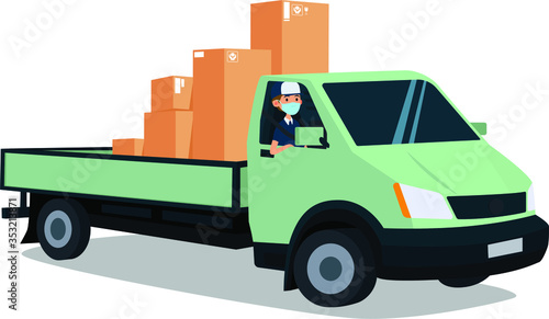 A delivery man delivering package with pickup truck illustration