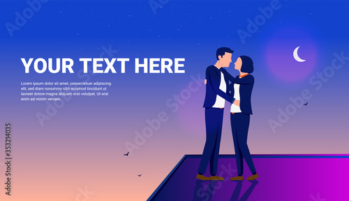 Couple on rooftop being romantic with night sky, stars and moon in background. Illustration with space for text. Date, trust and love concept. Vector.