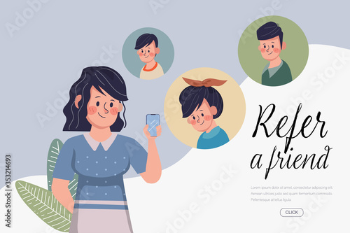 Young woman have refer a friend with smartphone. Web landing page refer friend concept. Hand drawn cartoon vector design.