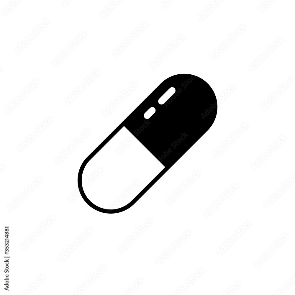 Medical pill icon. Capsule black silhouette vector illustration isolated on white. Medical pill icon. Capsule black silhouette vector illustration isolated on white.