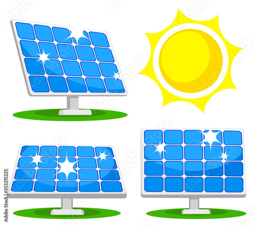 Set of solar panels in different angles and the sun