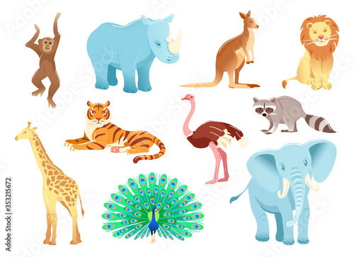 Cartoon character animals set Isolated on white background. Funny zoo shapes. Vector illustration object. Flat collection Rhinoceros kangaroo Ostrich tiger lion elephant monkey giraffe raccoon