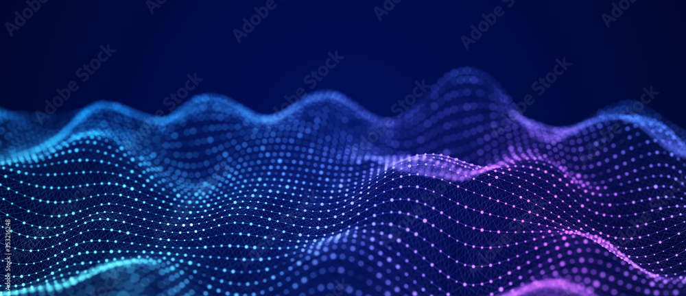 Color music sound wave. Digital dynamic wave of particles. Technology dots background. 3D rendering. Color music sound wave. Digital dynamic wave of particles. Technology dots background. 3D rendering.