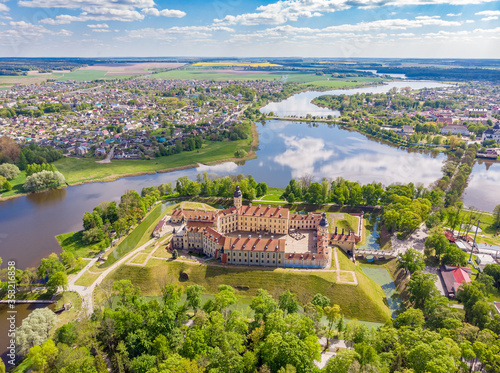 Flying above Nesvizh Castle in Belarus. Drone aerial photo