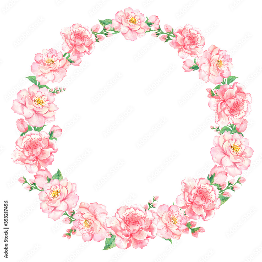 Watercolor wreath of pink spring flowers, delicate flowers