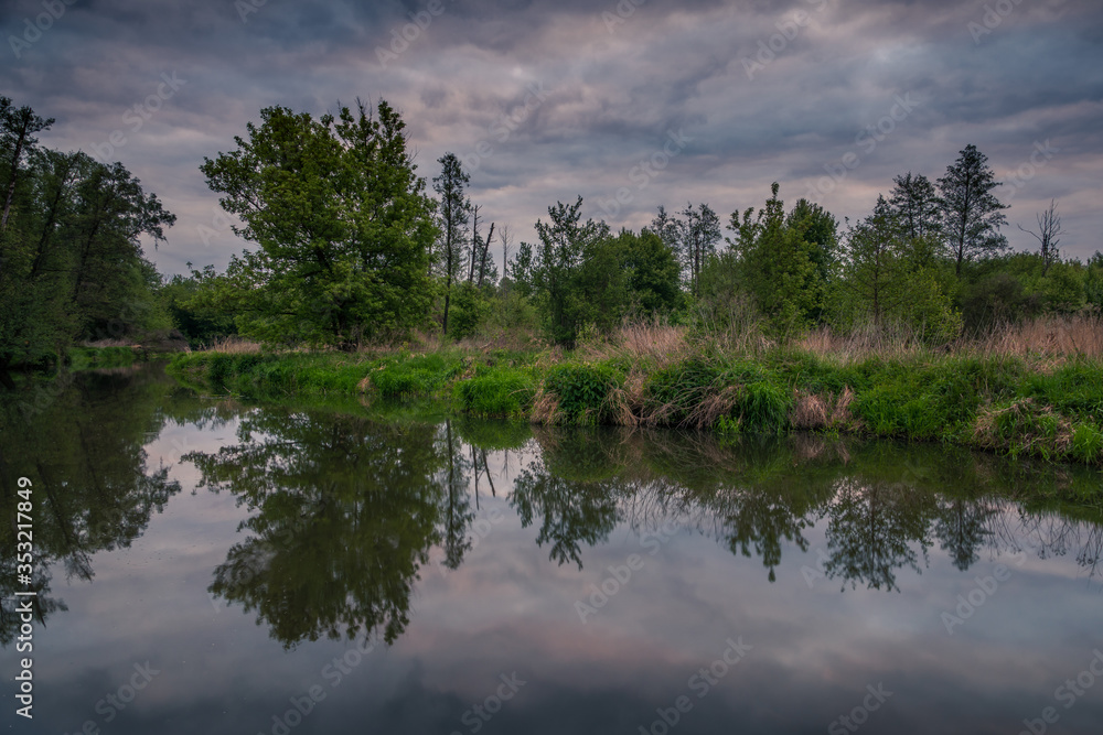 Jeziorka river during cloudy morning at spring near Piaseczno, Poland