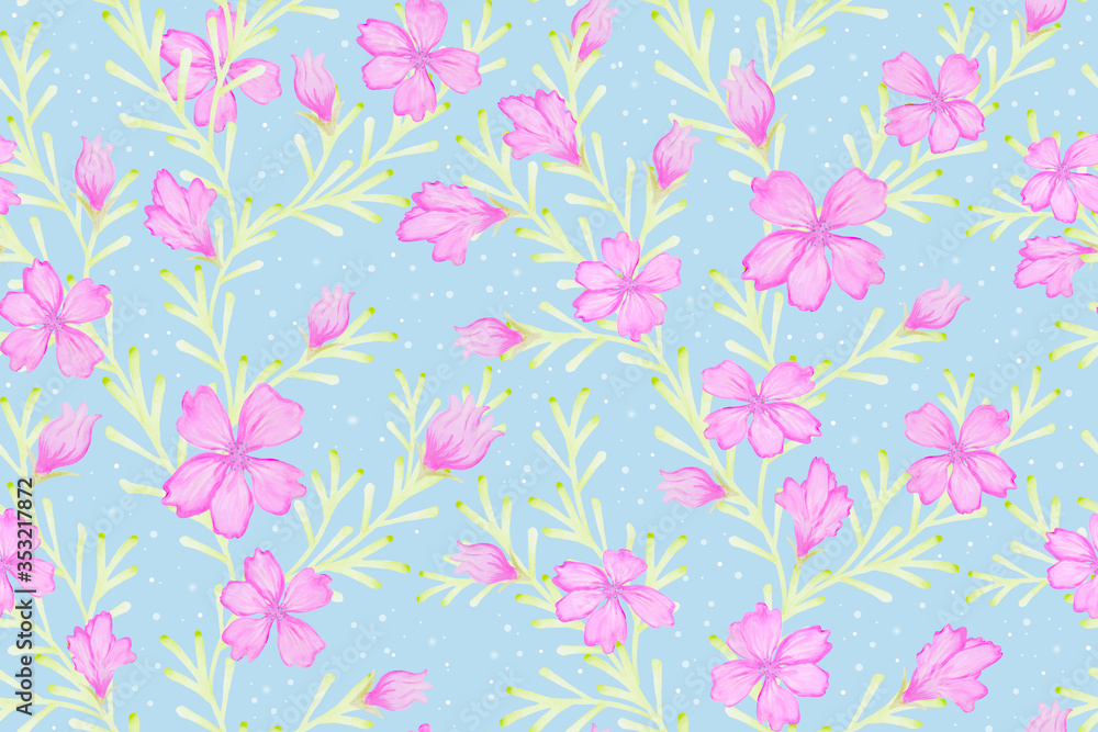 Watercolor seamless pattern with delicate flowers of violet color.