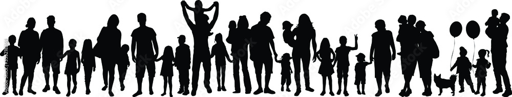 Black silhouette of family on white background.