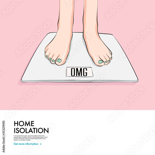 Woman standing on scales, funny OMG quote, Diet Nutrition perfect condition illustration. Losing weight concept, hand drawn vector art. Overweight problem sketch, beauty art
