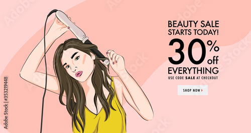 Girl curling hair wih iron fashion illustration. Woman with curler, wavy hair style cartoon art. Model smiling with perfect long hair, self care vector drawing sketch