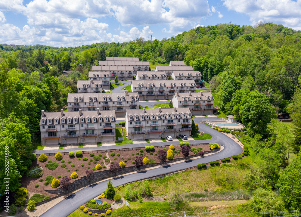 Obraz premium Panorama of a townhome development at Cheat Lake from aerial drone shot near Morgantown, West Virginia