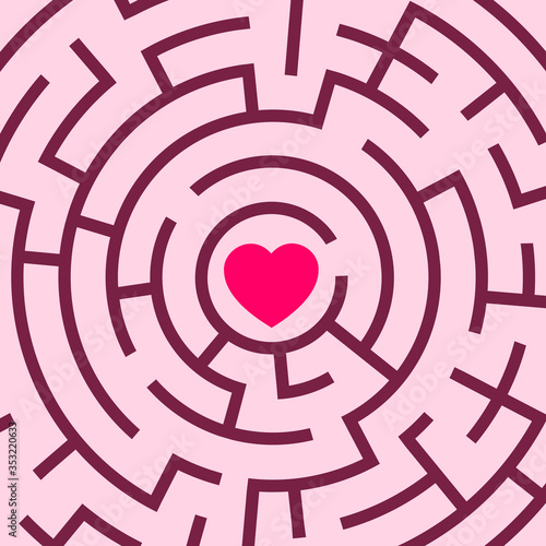 Romantic love heart in the center of the labyrinth - difficulty, problem and troble to find love, romance and amorous affection. Vector illustration