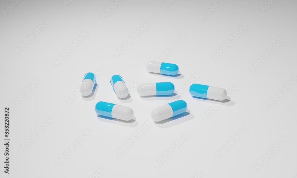 3D rendering of seven blue and white two piece pills or capsules lying on a surface of a white background with shadows. Great for medical, pharmaceutical or medication banner, backdrop or poster.