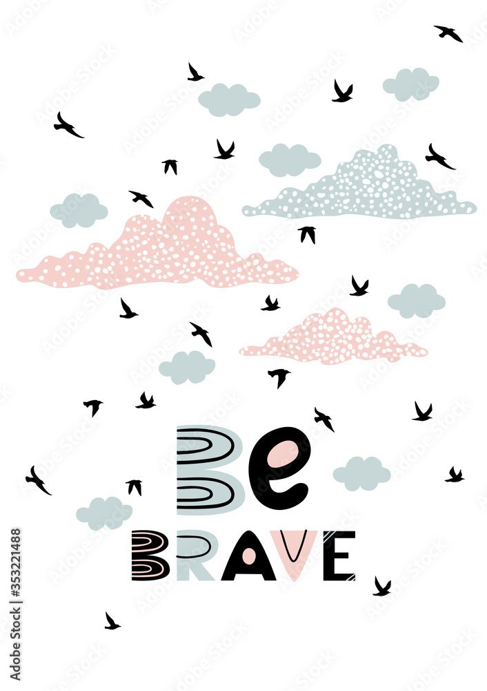 Obraz premium Postcard with flying birds and clouds