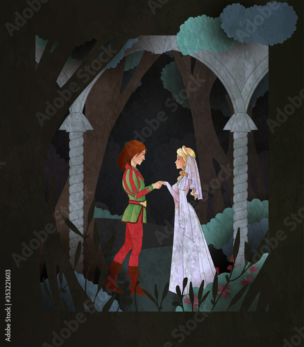 Prince and Princes fairy tale book cover illustration. Couple of character in front of magic forest.