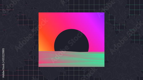 vaporwave surreal psychedelic sunset beach and mono grey tropical bougainvillea ( paperflower) in backbround with neon grid lines, synthwave nostalgic feelings