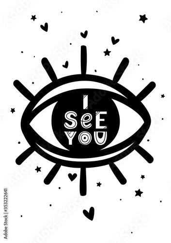 Black and white postcard with eyes and quote