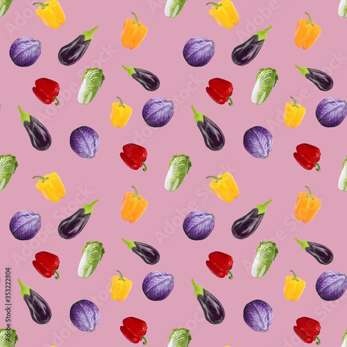 Seamless pattern veganism eggplant, peppers, cabbage on pink background. Gouache hand drawn illustration. Fresh food. Design for textiles, packaging, fabrics, menus, restaurants