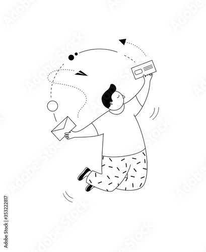Vector illustration man sends a message.Working process,new email message,mail notification.Social network,chat,sms,spam.