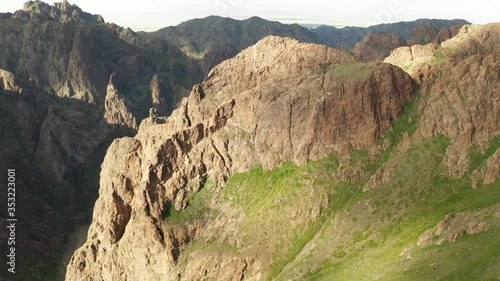 Yolyn Am or Eagle valley at sunset. Aerial view. Mongolia, Altai mountains photo