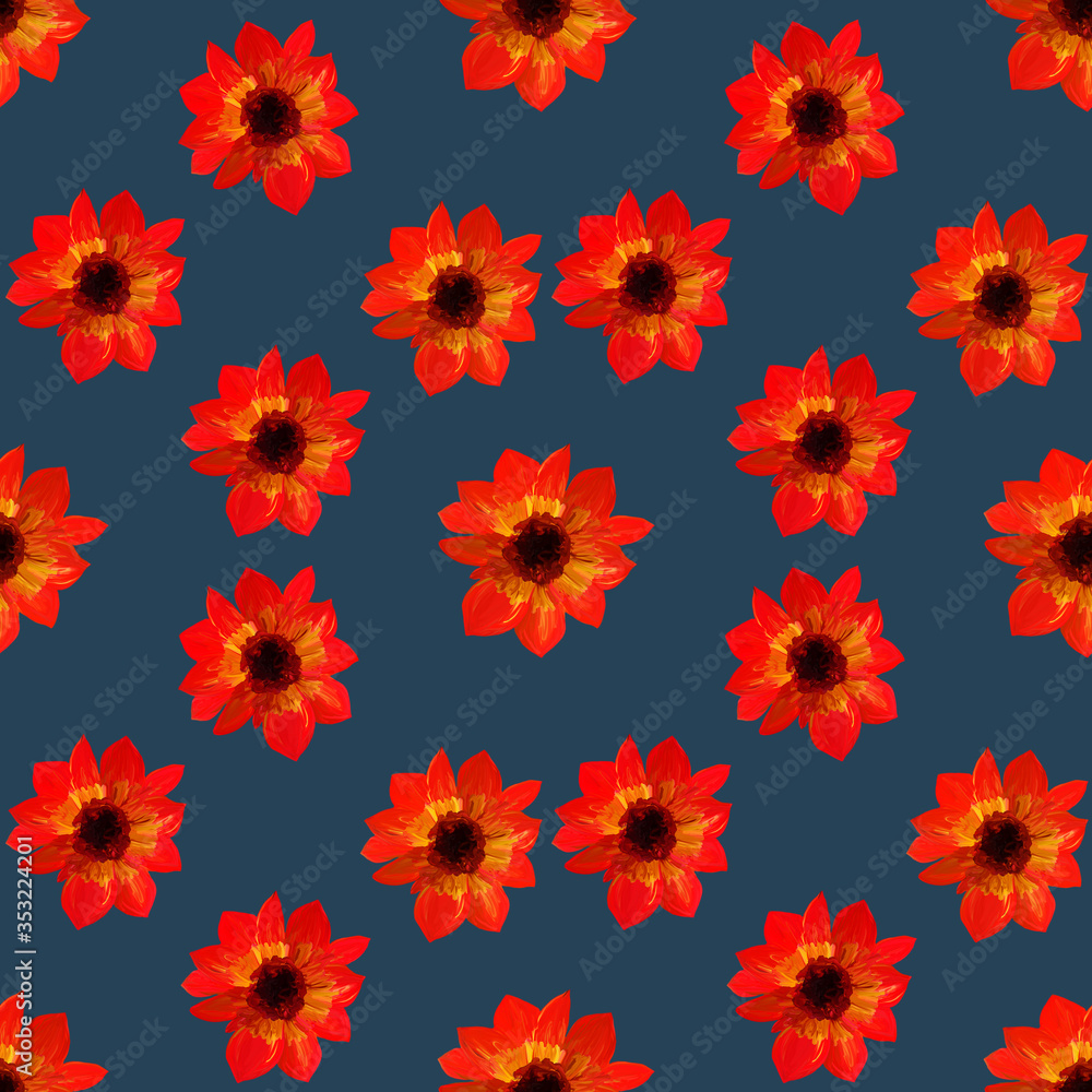 Seamless pattern of asters. Seamless floral pattern of gouache paints on navy background. Beautiful original pattern for design and decoration
