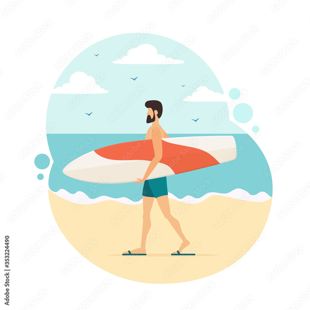 Man with Surfboard on Sea Background