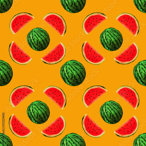 Seamless watermelons pattern on yellow background. background with gouache watermelon slices. Fresh fruits seasonal background flat style