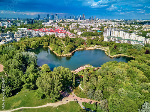 A beautiful panoramic view of the sunset in a fabulous evening on Szczesliwice Park - a former village, currently a housing estate in the Ochota district in Warsaw, Poland