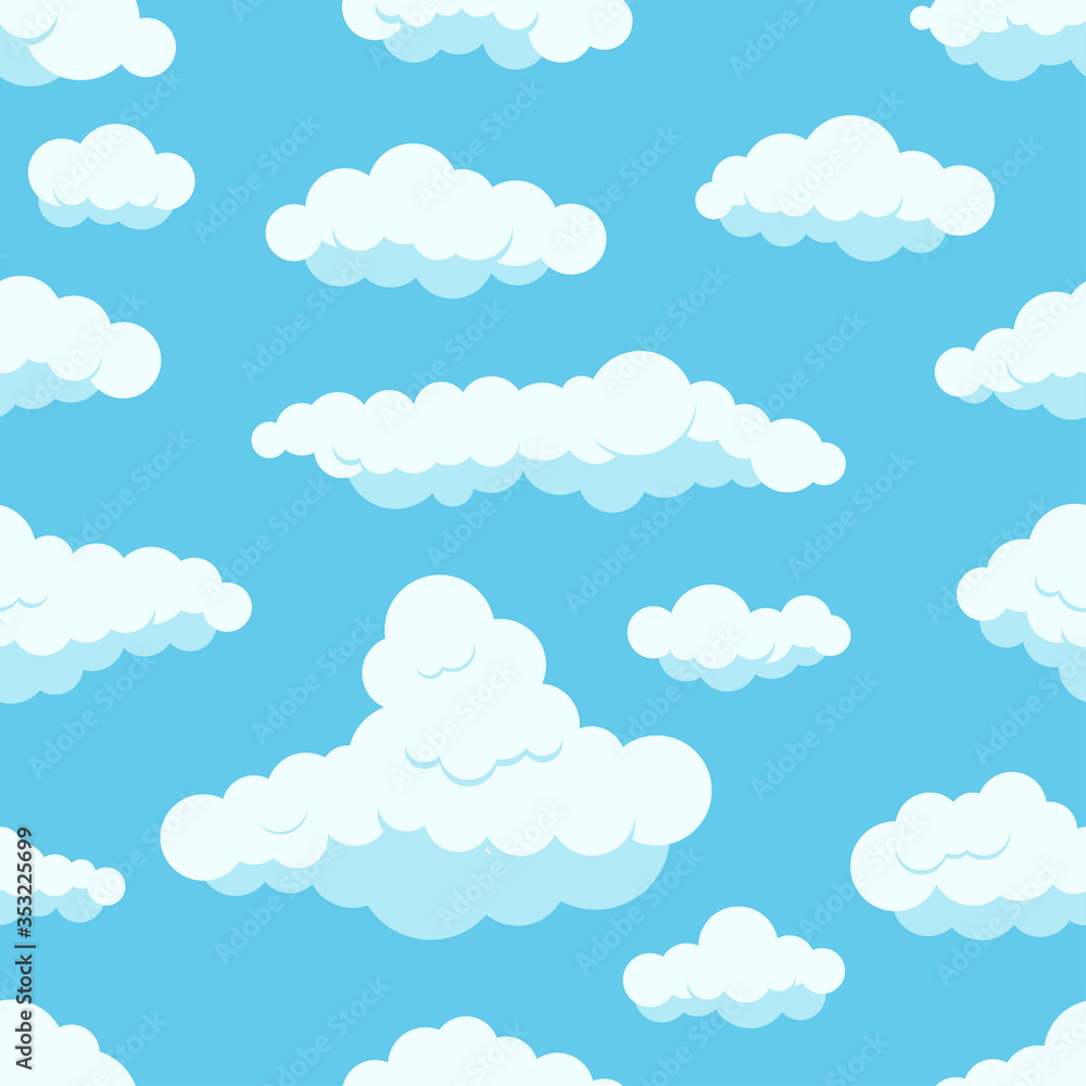 White clouds on blue sky vector seamless pattern.