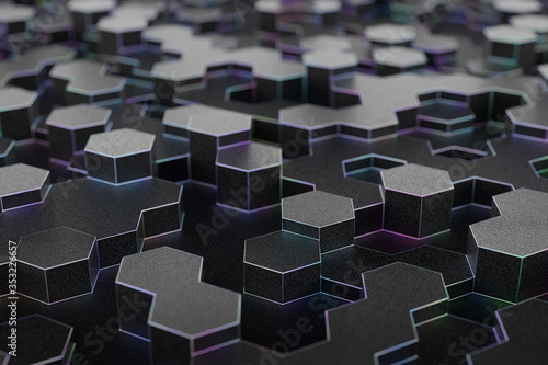 3D rendering of hexagonal mesh, thin colorful edges