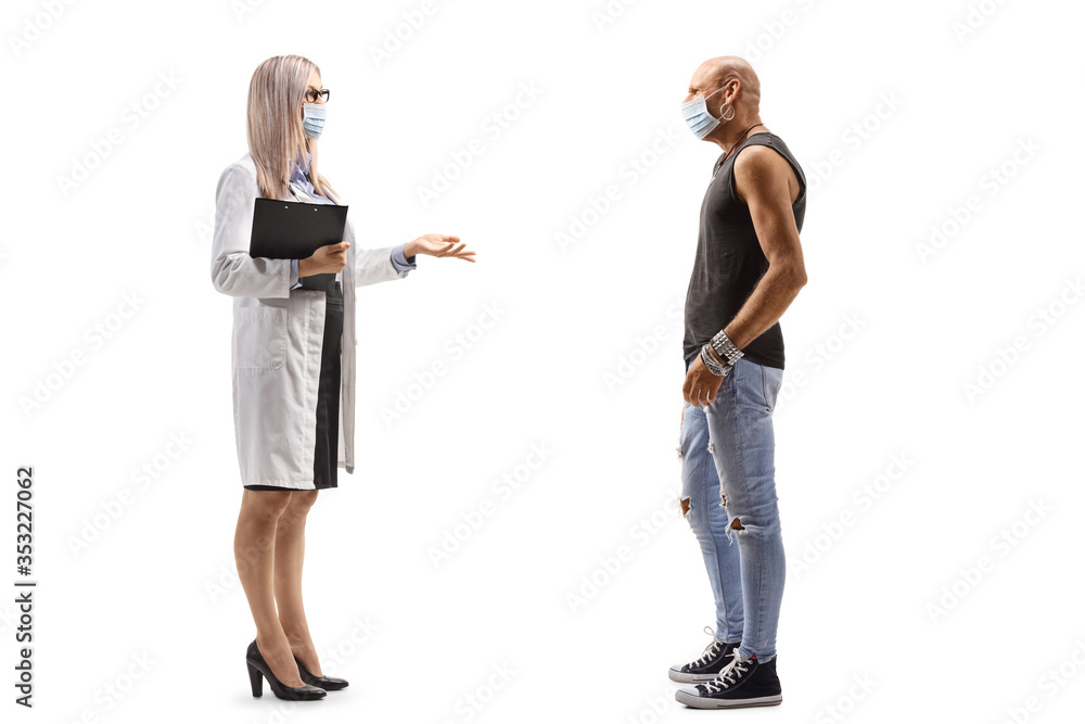 Female doctor and a bald man hipster wearing face masks and talking Female doctor and a bald man hipster wearing face masks and talking