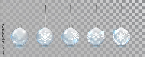 Glass New Year balls set with snowflake pattern on a transparent background. Christmas bauble for design. Xmas festive decoration objects. Xmas isolated shine decor.