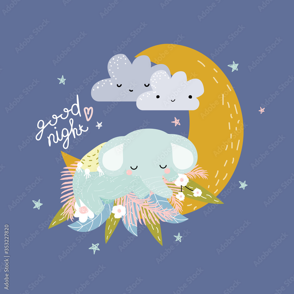 Cute little elephant sleeping on the moon. Kids trendy graphic. Vector ...