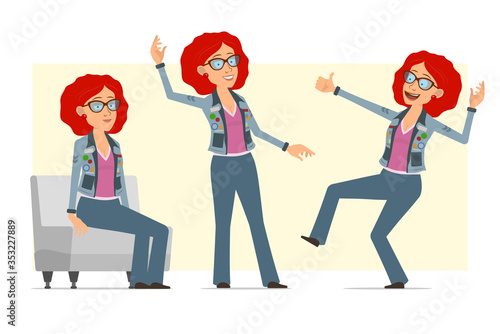 Cartoon flat funny redhead hippie woman character in glasses and jeans jacket. Ready for animation. Girl resting, dancing and showing thumbs up gesture. Isolated on yellow background. Vector set.