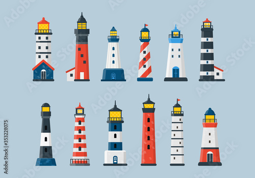Collection of Lighthouses. Flat beacon navigation set. Vector water Light Houses clip art.