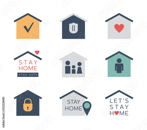 Stay at home. Flat vectors icons. Coronavirus prevention. Stop Covid-19 signs. Social media icons.