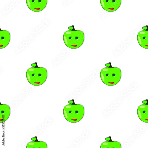 Seamless pattern vector illustration green smiling apple on white isolated background