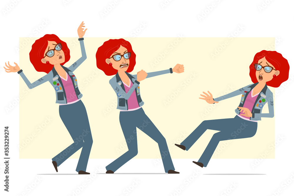 Cartoon flat funny redhead hippie woman character in glasses and jeans jacket. Ready for animation. Girl fighting and falling back unconscious. Isolated on yellow background. Vector set. Cartoon flat funny redhead hippie woman character in glasses and jeans jacket. Ready for animation. Girl fighting and falling back unconscious. Isolated on yellow background. Vector set.
