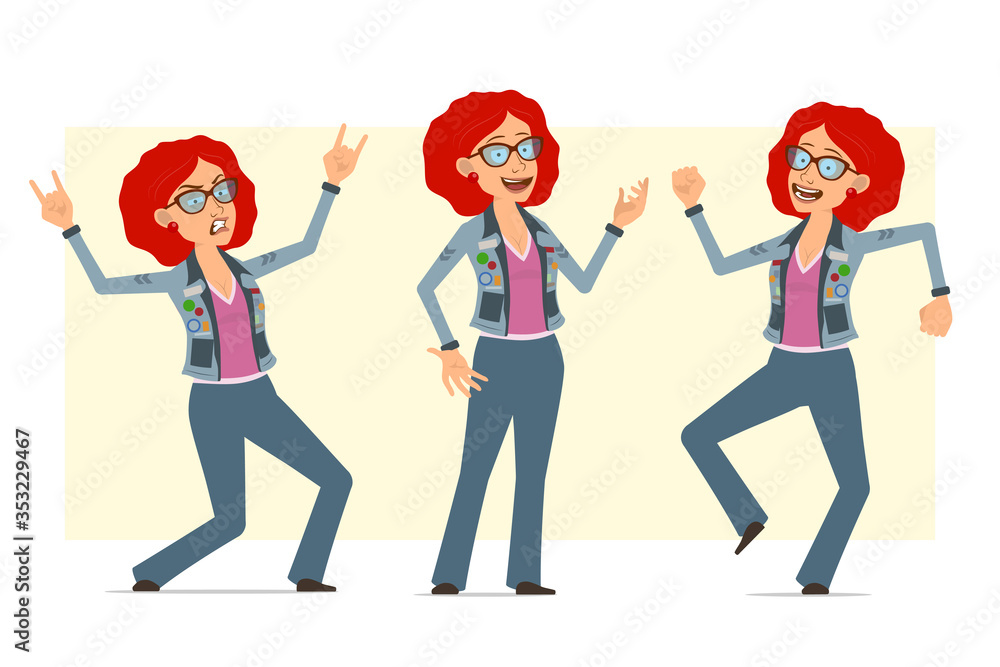 Cartoon flat funny redhead hippie woman character in glasses and jeans jacket. Ready for animation.Girl dancing, jumping and showing rock and roll sign. Isolated on yellow background. Vector set. Cartoon flat funny redhead hippie woman character in glasses and jeans jacket. Ready for animation.Girl dancing, jumping and showing rock and roll sign. Isolated on yellow background. Vector set.