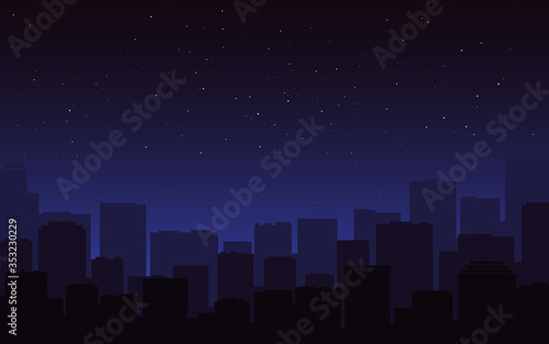 City silhouette night. Dark blue cityscape skyline. Urban view, buildings in the fog. Starry night sky and street panorama. Modern city and stars for poster, banner. Vector illustration