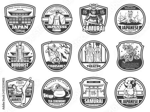 Travel, culture, sport and religion of Japan vector icons. Fuji mountain, bonsai tree, tea ceremony and geisha kimono, buddhist temple, dragon and samurai, yabusame and kabuki theatre, karate sport