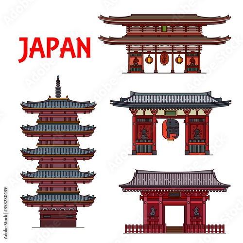 Japanese travel landmarks, vector famous buildings. Outline Asian five storey pagoda, buddhist temple Sensoji, Nitenmon gate of Taiyuin mausoleum and Kaminarimon Thunder Gate photo