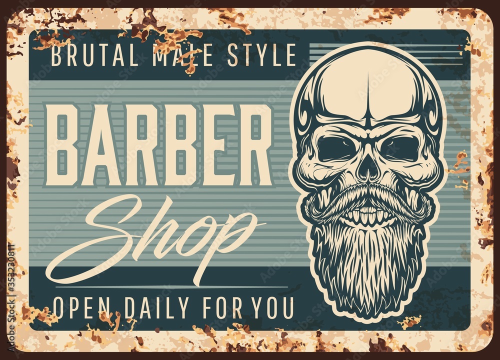 Barber salon, rusty metal vector plate. Bold human skull