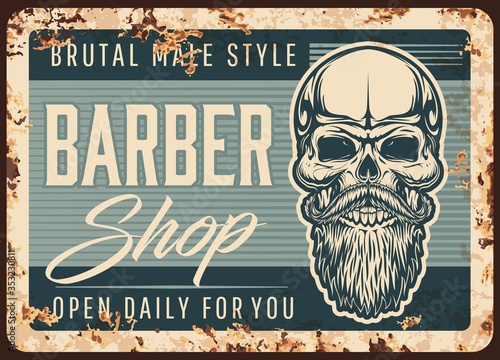 Barber salon, barbershop rusty metal vector plate. Bold human skull with beard and handlebar mustache, smiling with teeth engraved illustration. Gentleman hairdresser retro banner, poster